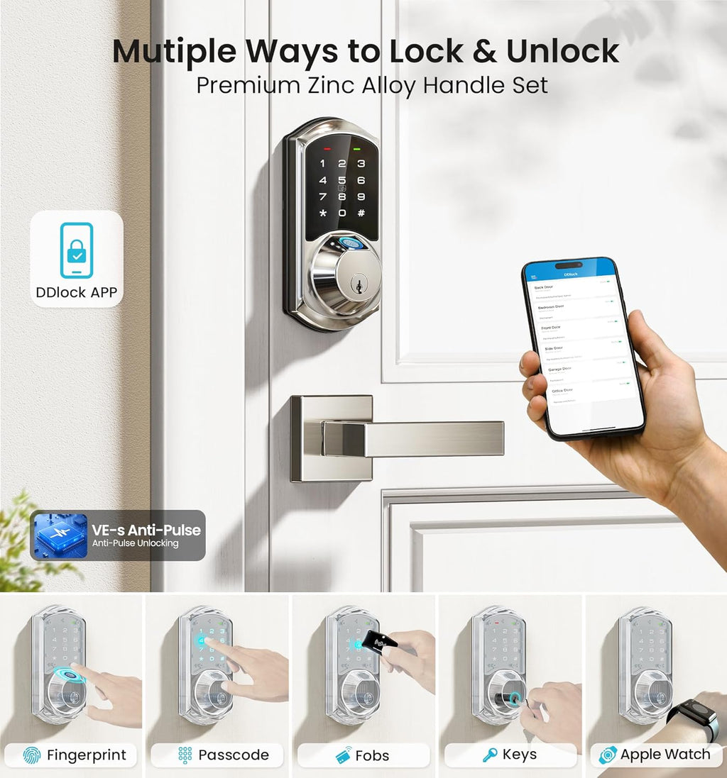 Veise VE07-L Fingerprint Smart Locks for Front Door with Zinc Alloy Handle Set, App Control, Keyless Entry, Electronic Digital Keypad Deadbolt, Auto Lock, Waterproof, Easy to Install, Satin Nickel