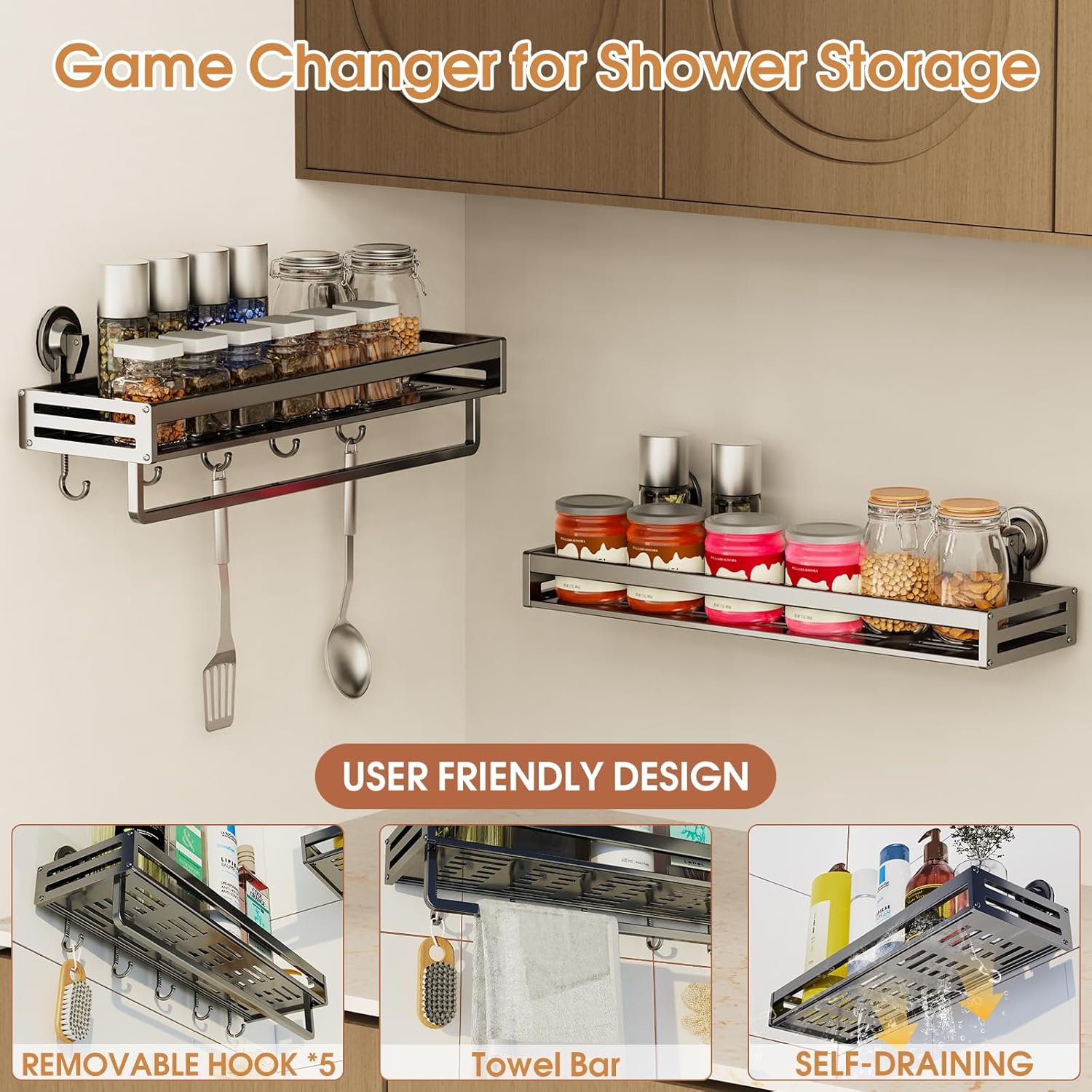 Shower Caddy Suction Cup, 15.8 inch 2 Pack Suction Shower Shelf with Hooks NO-Drilling Bathroom Holder, Rustproof Bathroom Organizer, Includes 2 Extra Suction Cups, Dark Grey