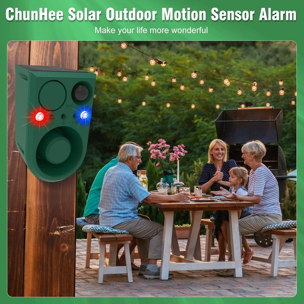ChunHee Solar Outdoor Motion Sensor Alarm with Dog Barking Alarm Sound, Support Recording and Adjustable Volume, 129db Loud Noise Maker 4 Work Modes Strobe Light for Home, Villa, Farm, Barn (2pack)