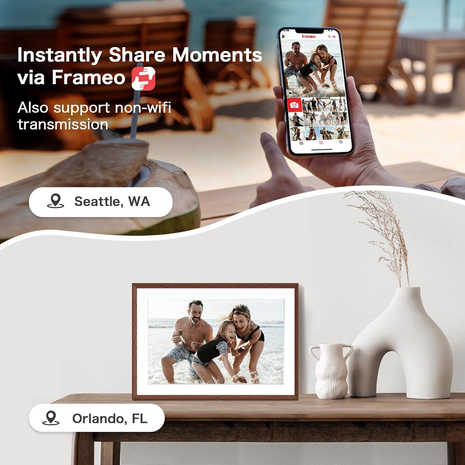 Digital Picture Frame, 10.1'' Frameo Digital Frame Wifi, 1280*800 HD Touch Screen, 32GB Memory, Wall Mountable Digital Photo Frame, Auto-Rotate, Share Instantly, Wedding, Birthday Gifts for Mom, Brown