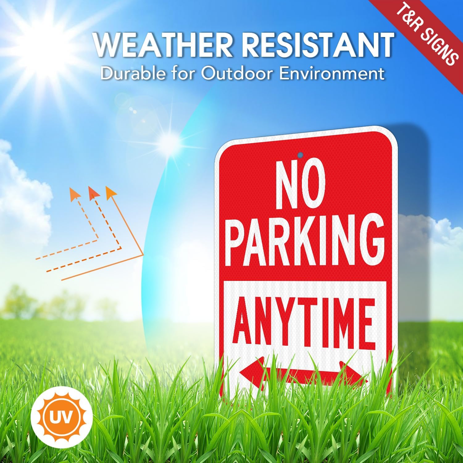 T&R Large No Parking Anytime Sign, 18" x 12" Engineer Grade Reflective Sheeting, Rust Free Aluminum, Waterproof, Fade Resistant, 2 Pre-drilled Holes