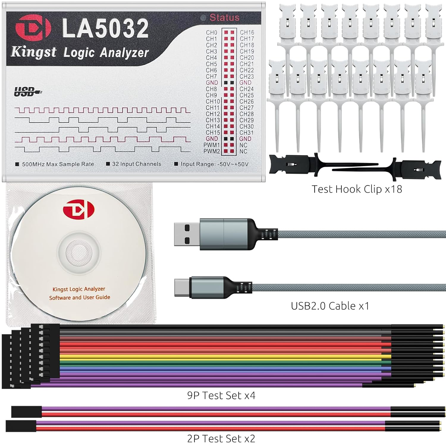 USB Logic Analyzer LA5032 32 Channels 500MHz 10G Samples for MCU ARM FPGA Debug Tool MIPI Analyzer with English Software Compatible with Windows Mac Linux