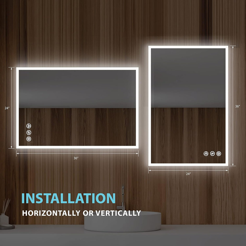 24x36 LED Mirror for Bathroom | Backlit LED Vanity Mirror with Anti-Fog, Stepless Dimmable, 3 Color Temperature | Wall Mounted Lighted Bathroom Mirror | Smart Vanity Makeup Mirror with Lights