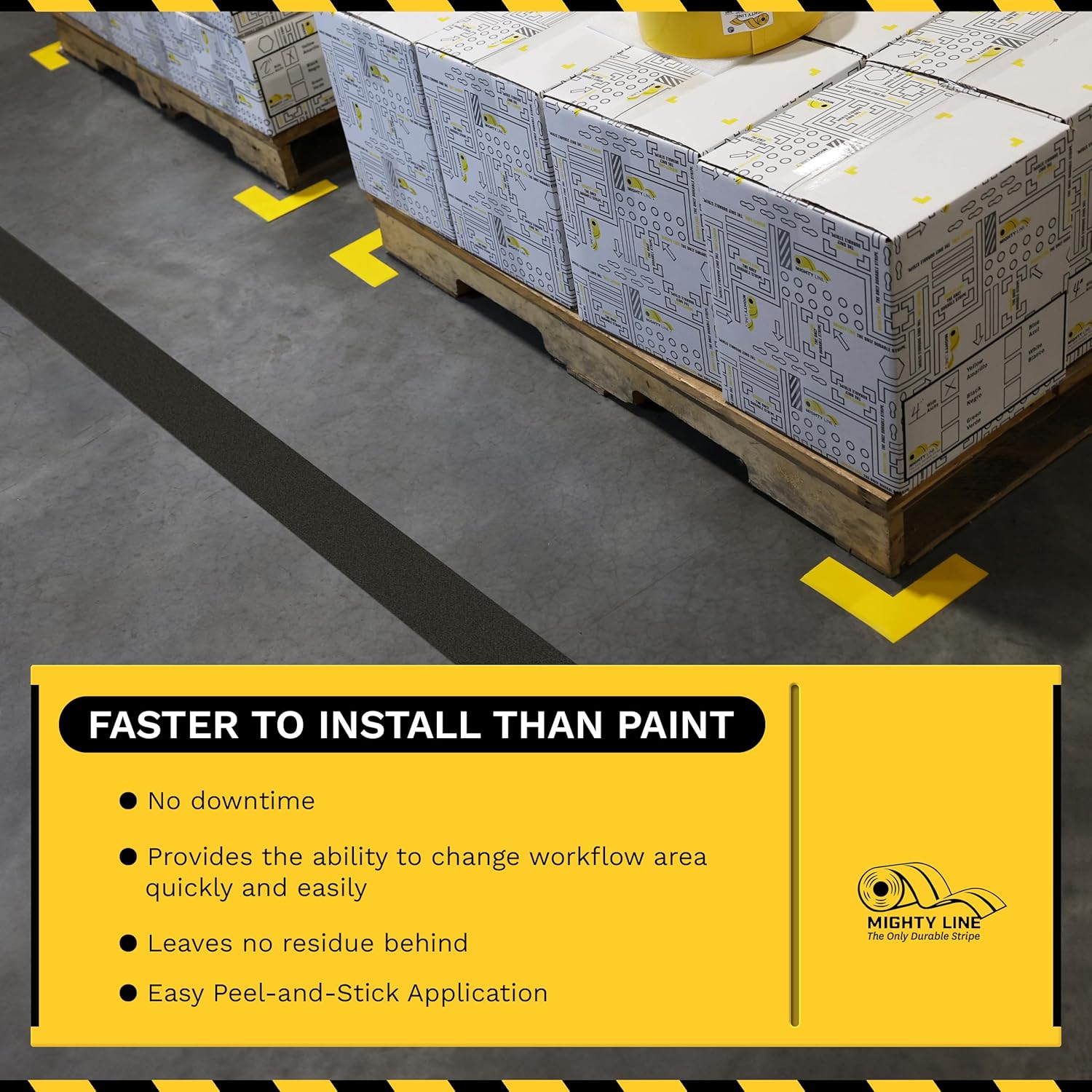 Mighty Line Anti-Slip Caution Floor Marking Tape for Safety, Warning, Heavy-Duty, Peel and Stick, Adhesive, Industrial Quality, 4" Yellow with Black Chevrons, 60' Roll