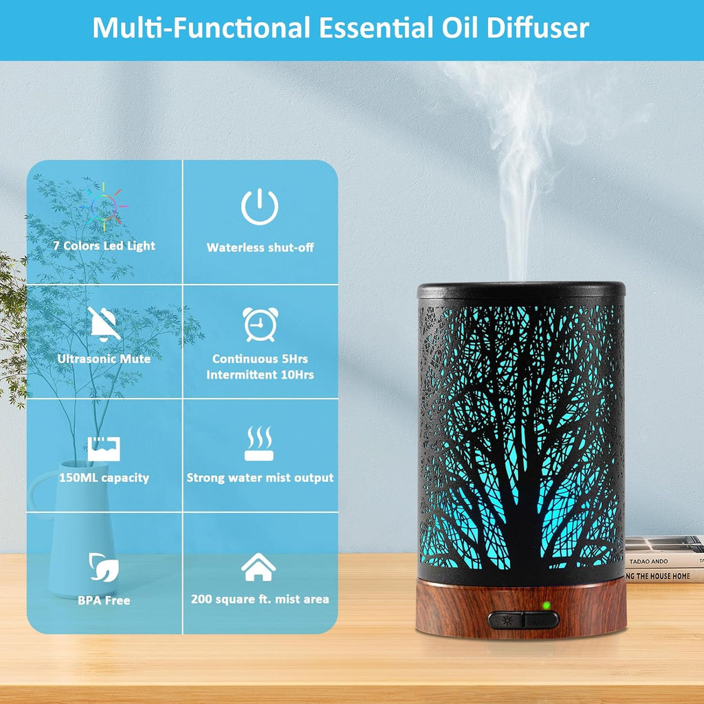Essential Oil Diffuser - 150ML Metal Aromatherapy Diffuser for Essential Oils with 7 Colors Lights Gifts for Mom Auto Shut-Off & Ultrasonic Cool Mist Diffuser, Ambience for Home