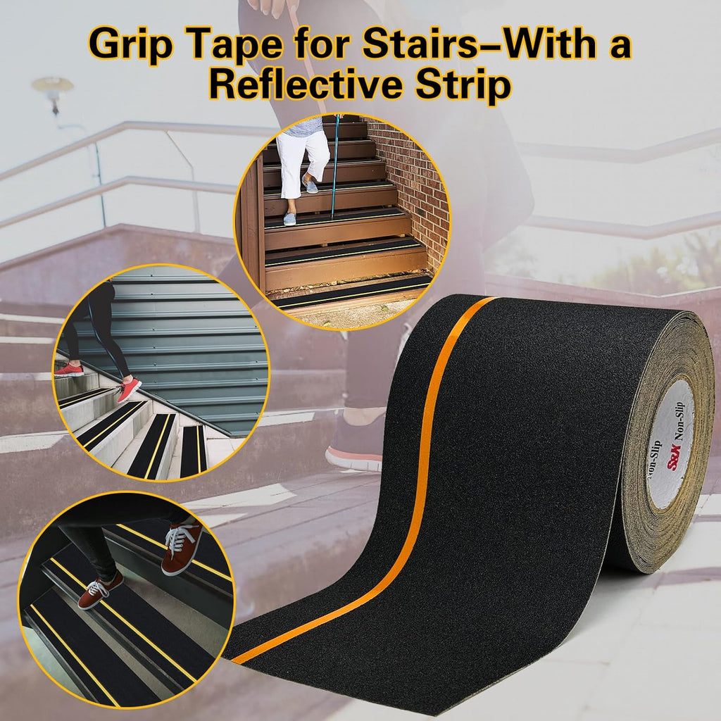 S&X Heavy Duty Anti Slip Tape 6 Inch x 60 Ft, 2X Longer Enhanced Adhesive Grip Tape with Reflective Strip, Outdoor Stair Treads Non-Slip for Steps Ramps Boats Decks Long-Lasting