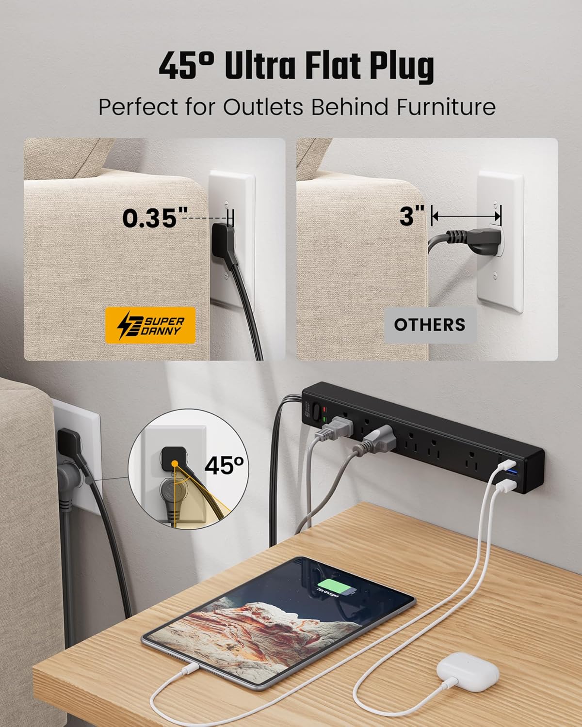 20Ft Long Extension Cord, SUPERDANNY Flat Plug Surge Protector Power Strip 20 Feet, 6 Outlets & 3 USB Ports, Wall Mountable Power Bar for Home Office, Dorm Room
