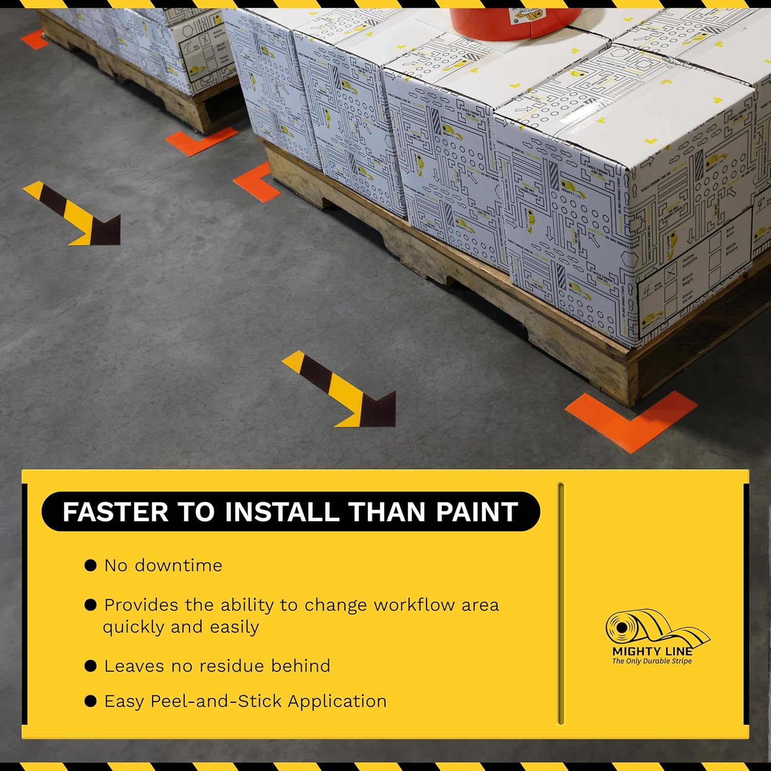 Mighty Line Solid Arrows Directional Sticker Sign Floor Marking Tape for Safety, Caution, Warning, Heavy-Duty, Peel and Stick Adhesive, Industrial Quality, White and Red Chevron, 10"x6", 50 Pack
