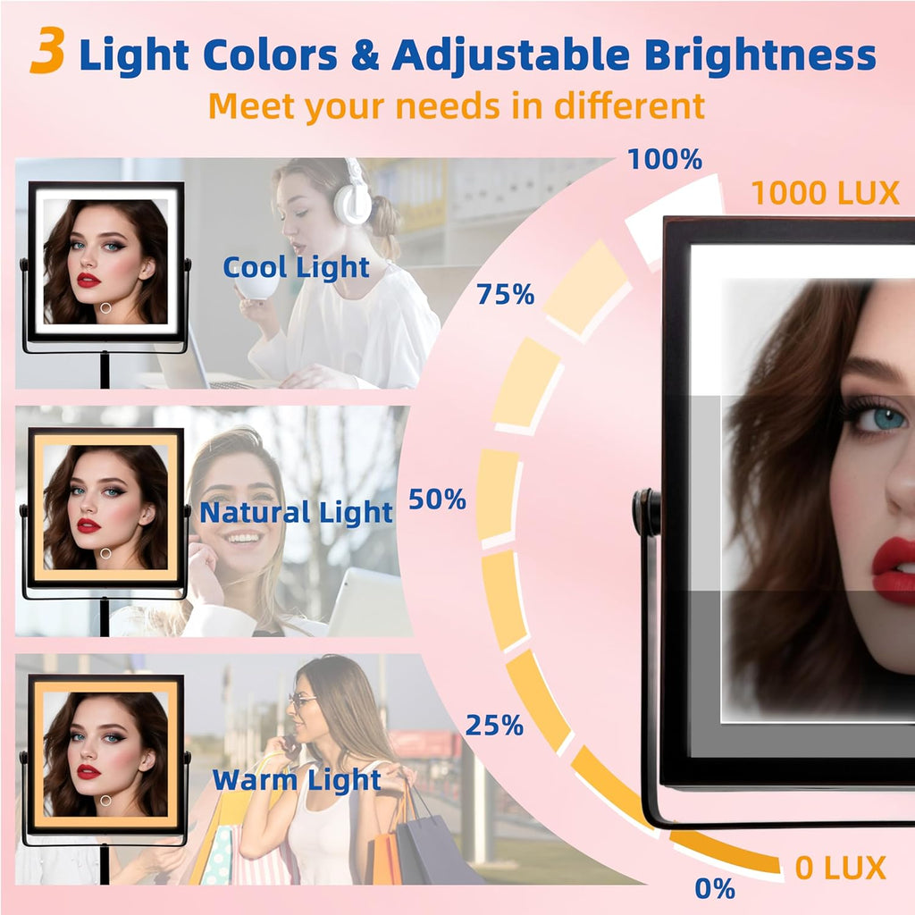 Ruacq Rechargeable Makeup Mirror, 4000mAh Lighted Makeup Mirror with Magnification 1X/10X, Height Adjustable Vanity Mirror with Lights, 3 Color Lights, Adjustable Brightness, (Oil Rubbed Bronze)
