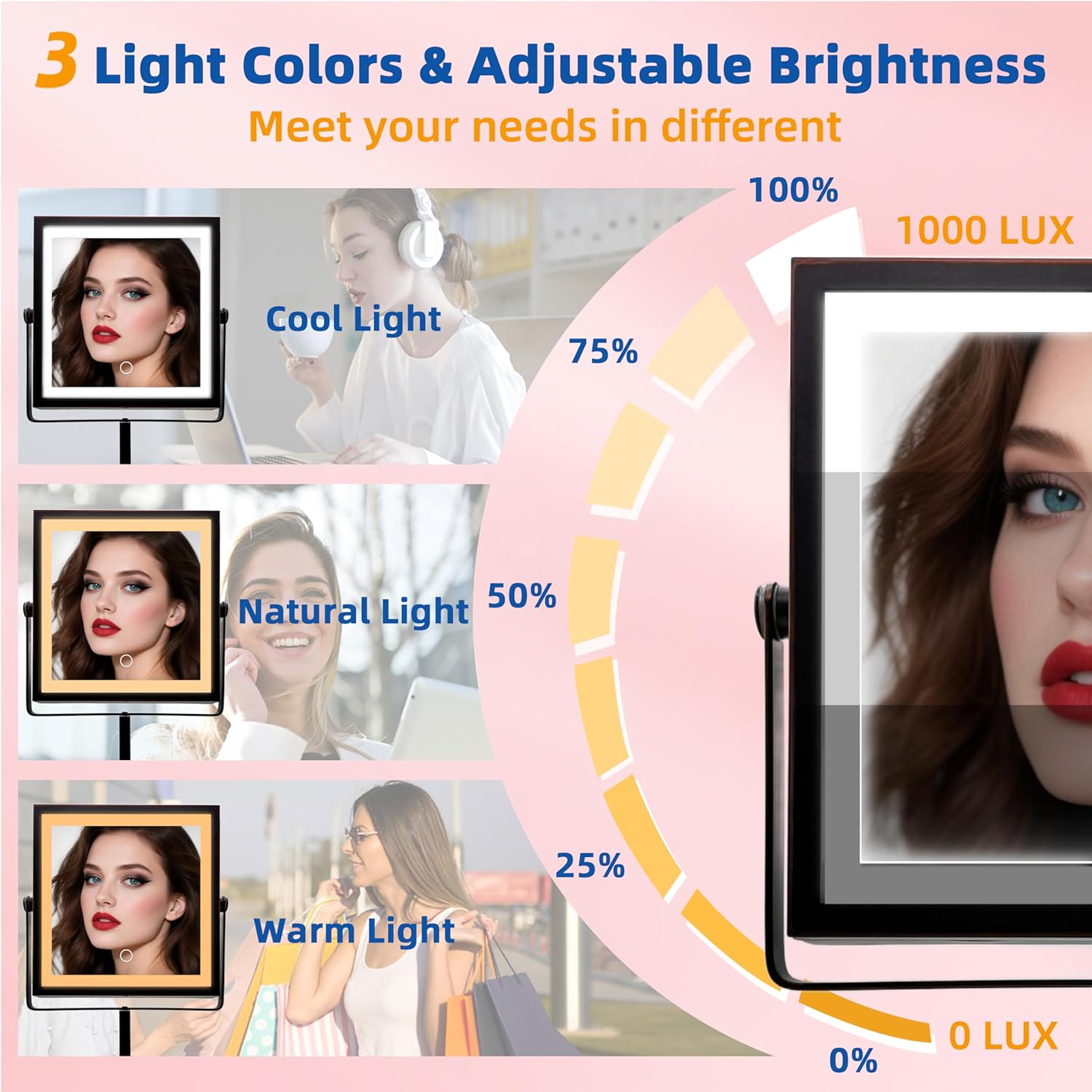 Ruacq Rechargeable Makeup Mirror, 4000mAh Lighted Makeup Mirror with Magnification 1X/10X, Height Adjustable Vanity Mirror with Lights, 3 Color Lights, Adjustable Brightness, (Oil Rubbed Bronze)
