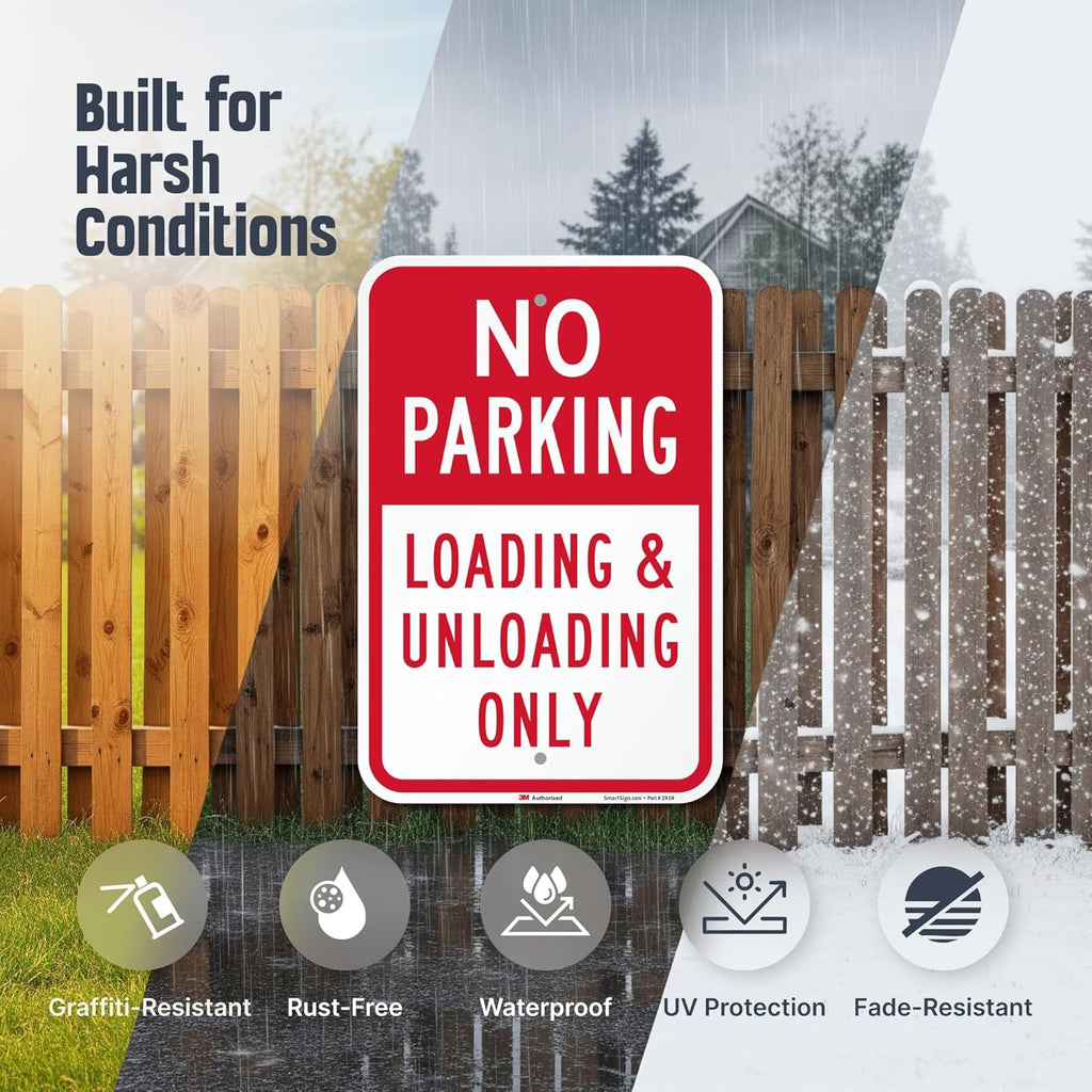 SmartSign 18 x 12 inch “No Parking - Loading And Unloading Only” Metal Sign, 63 mil Aluminum, 3M Laminated Engineer Grade Reflective Material, Red and White, Made in USA