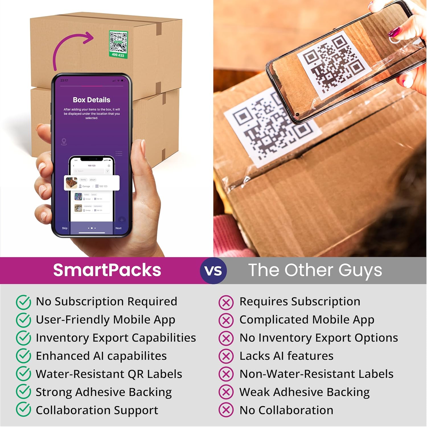 SmartPacks Colored QR Stickers - Premium Smart Labels for Storage Bins with AI-Powered App | Advanced Pack and Track Labels with QR Code for Inventory, Storage, Moving | 64 Stickers