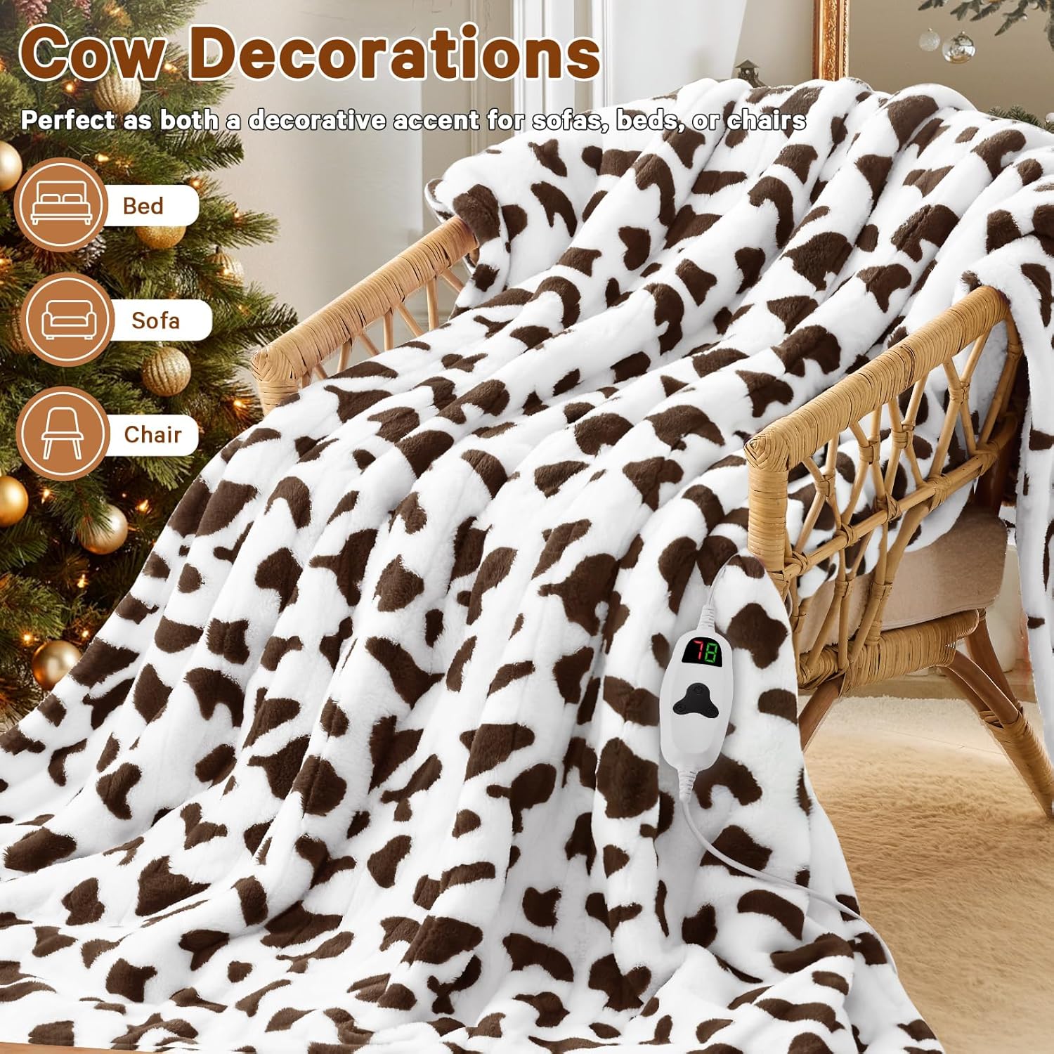 Cow Print Heated Electric Blanket Twin,62X84 Brown Heating Blanket with 10 Heats Levels & 8 Hours Auto Off,Cute Cow Decor Fleece Sherpa Blankets Warmer Gifts for Women Couch Office,Washable