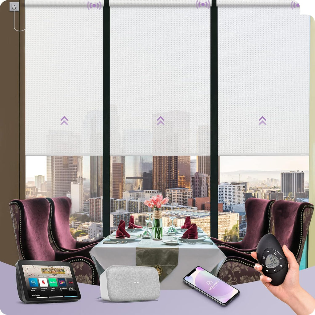 Graywind Motorized Solar Shades Compatible with Alexa Google Hardwired WiFi Smart Light Filtering Blind Remote Control Automated Blinds Electric Window Shade, Custom Size (5% Openness White)