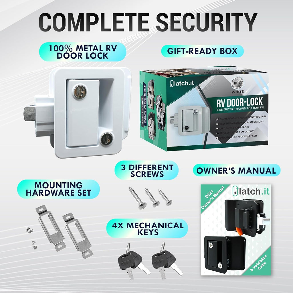LATCH.IT White RV Door Lock Replacement | All Metal RV Door Handle Fits 2.75"x3.75" Holes | Trailer Door Latch with 4 Keys Included | RV Door Latch for Trailer, Camper, Fifth Wheel and More!