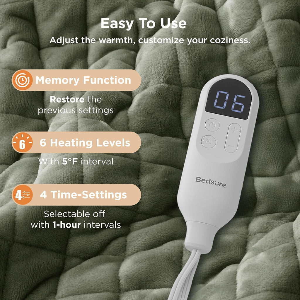 Bedsure Heated Blanket Throw Blanket - Quilted Electric Blanket, Soft Flannel Thick Heating Blanket with 4 Time Settings & 6 Heating Settings, Warm Gifts for Women Men (50x60 inches, Olive Green)