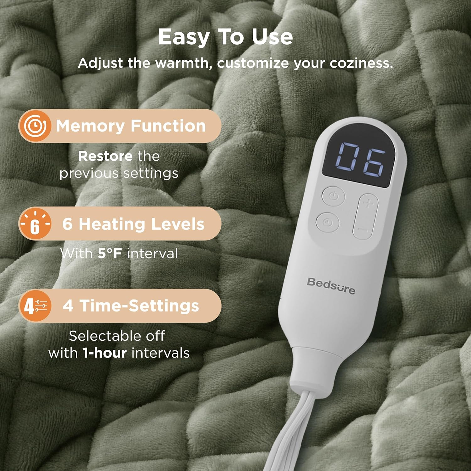 Bedsure Heated Blanket Throw Blanket - Quilted Electric Blanket, Soft Flannel Thick Heating Blanket with 4 Time Settings & 6 Heating Settings, Warm Gifts for Women Men (50x60 inches, Olive Green)