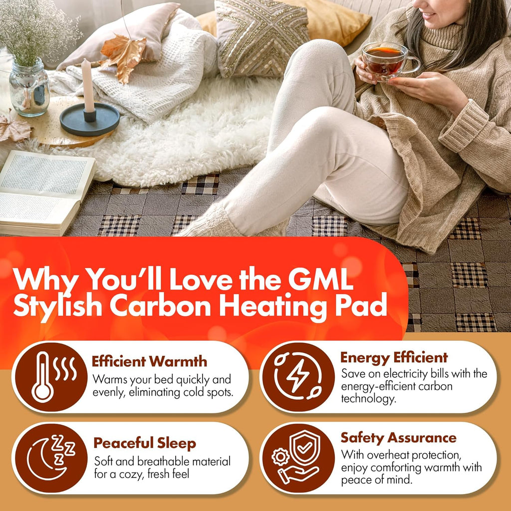 GML Bedding Heated Mattress Pad Toppers – Electric Bed Warmer with Smart Controller, Waterproof Quilted Layer, Adjustable Timer, Machine Washable, Dual Heat System for Comfortable Sleep, Queen 71x55