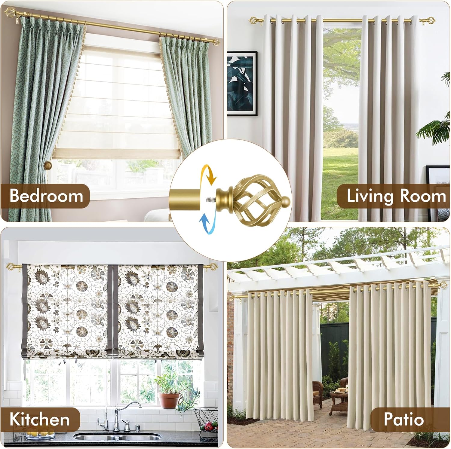 KAMANINA Gold Curtain Rods for Windows 48 to 84 Inch, Adjustable Single Curtain Rod 32 to 86 Inch(2.6-7.1ft), 3/4 Inch Splicing Drapery Rods with Twisted Cage Finial