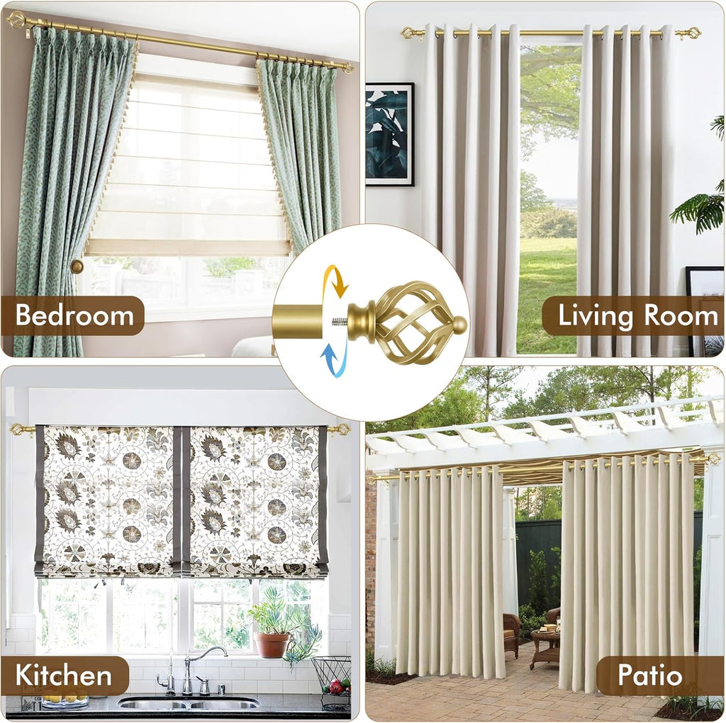 KAMANINA Gold Curtain Rods for Windows 72 to 144 Inch, Long Curtain Rod 32 to 144 Inches (2.6-12ft), 6/8 In Splicing Adjustable Single Drapery Rod with Twisted Cage Finial