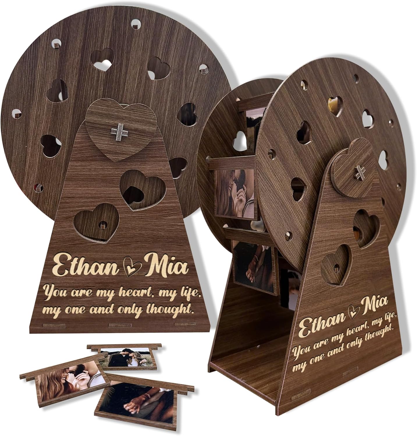 Custom Wooden Ferris Wheel Photo Couple Gift, Personalized Valentine Love Display for Couples Newlyweds Husband Wife, Romantic Wooden Spinning Photo Holder Anniversary Wedding Keepsake