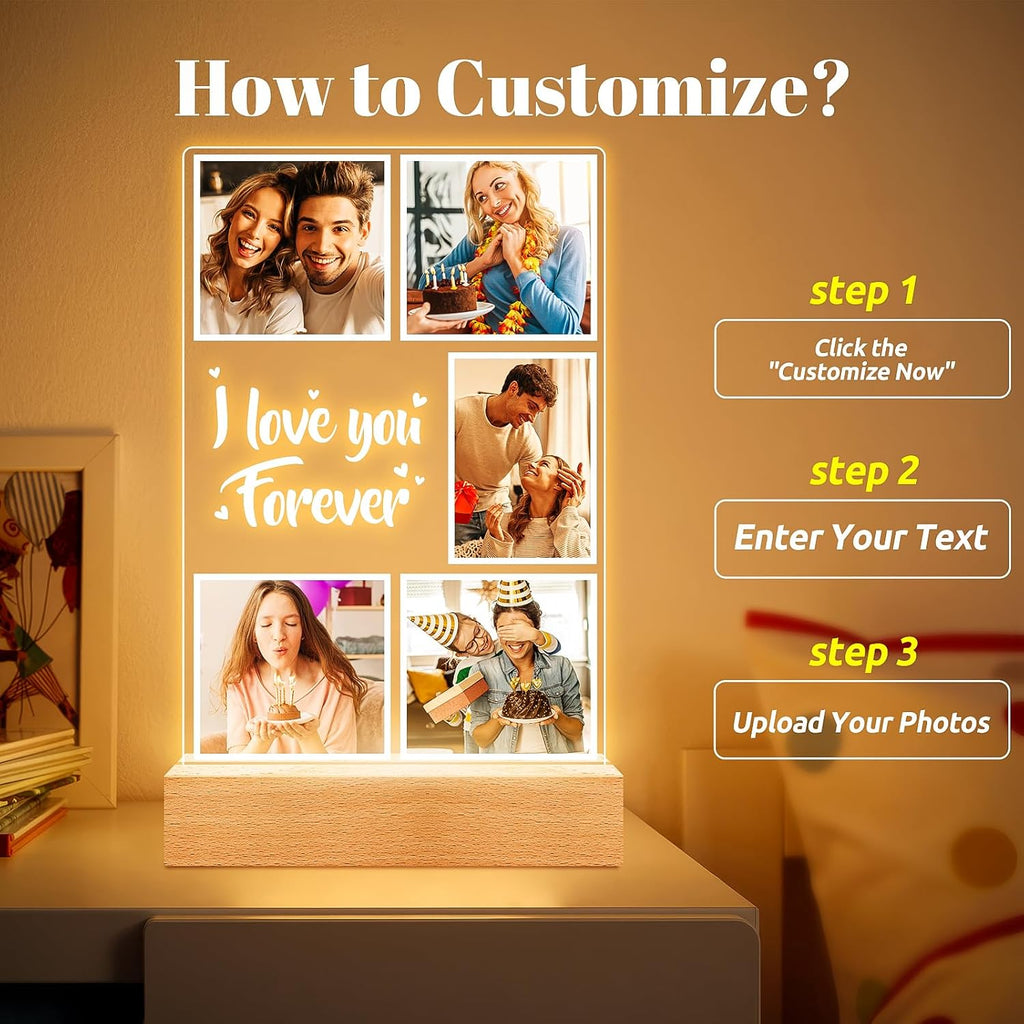 Custom Picture Frames, Customized Photo Frame with Night Light, Personalized Picture Frame, Personalized Anniversary Valentines Day Gifts for Women Men Her Him Girlfriend Boyfriend Couple Wife