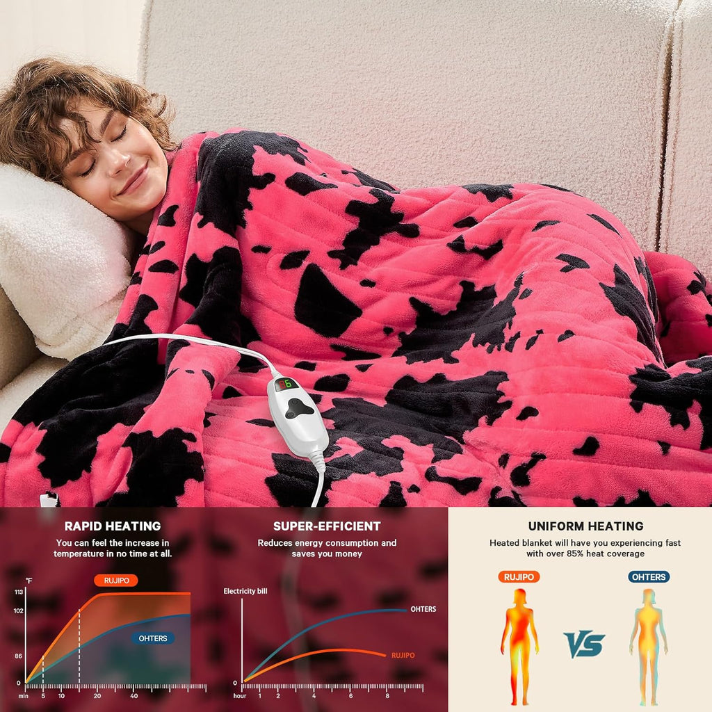 Cow Print Heated Electric Blanket Throw,50X60 Pink Heating Blanket with 10 Heats Levels & 8 Hours Auto Off,Highland Cow Decor Stuff Fleece Sherpa Blankets Warmer Gifts for Women Adults Washable