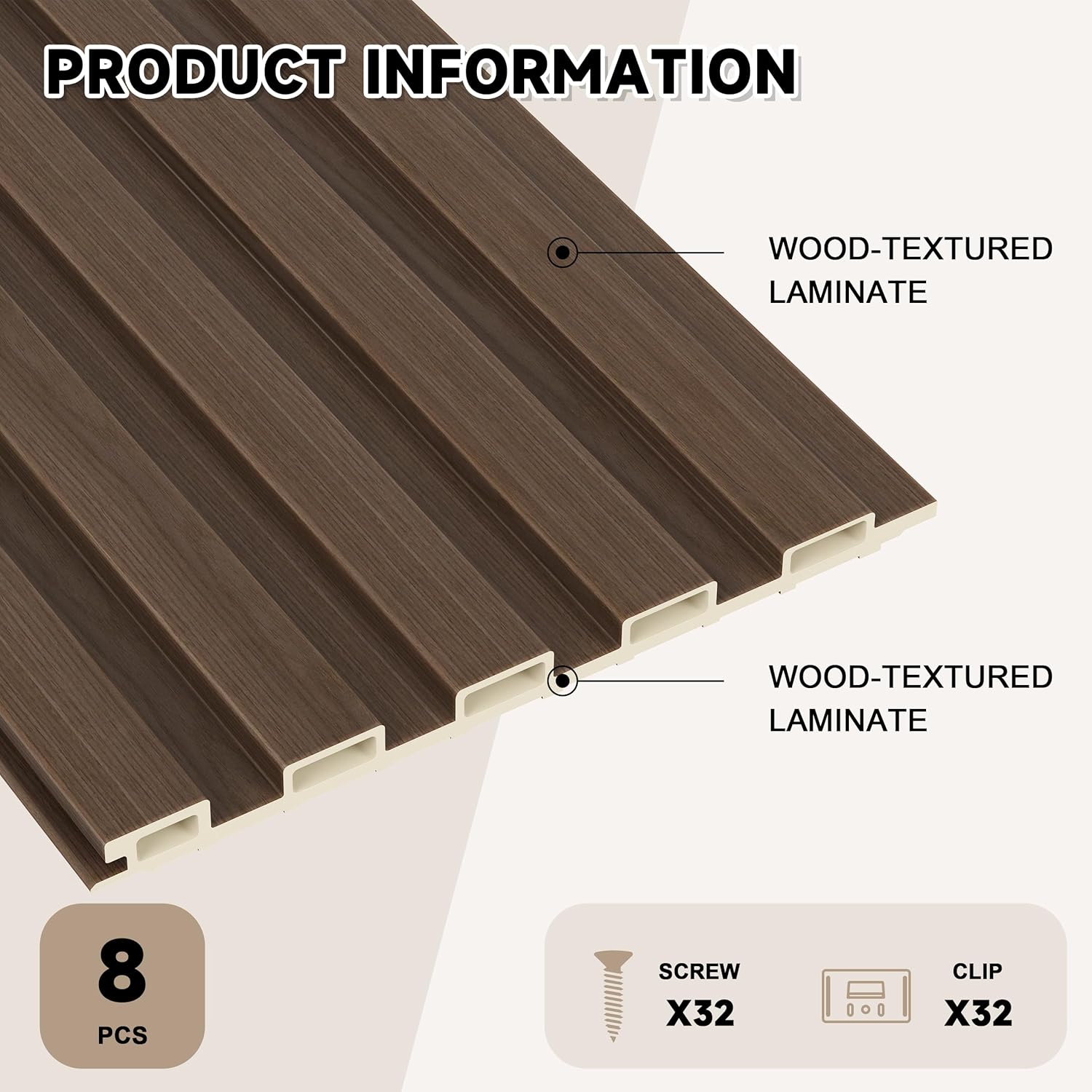 WPC Slat Wall Paneling, 8-Pack 3D WPC Wood Wall Panels, Acoustic Wall Panels for Interior Wall Decor, Living Room, Bedroom, Walnut, 95 x 6 in