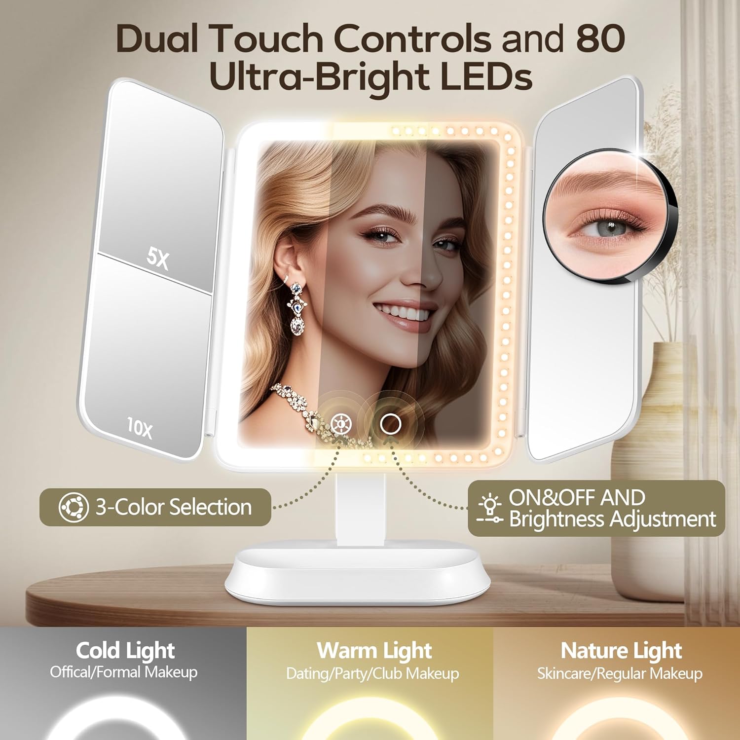 Vanity Mirror with Lights, Lighted Makeup Mirror with 30X/10X/5X Magnification, Rechargeable Trifold Mirror with 3 Color & Adjustable Brightness, Travel Makeup Mirror with Lights for Desk