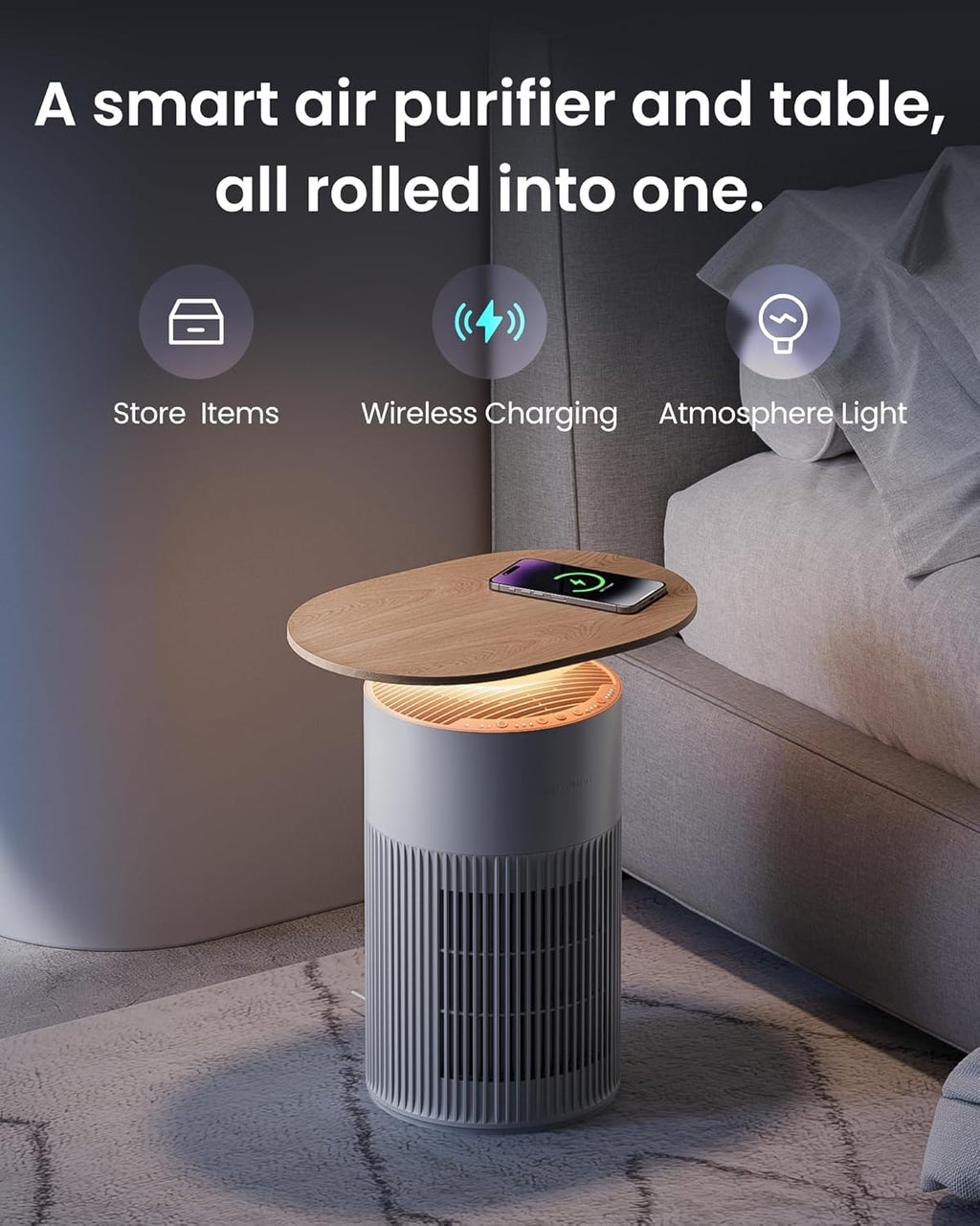 SwitchBot 4 in 1 Air Purifiers Table with Matter, Up to 3620 ft², H13 HEPA Pet Filter, Wireless Charging, Washable Pre-filter, 10 RGB Colors, Work with Apple Home, Google Home, HomeAssistant