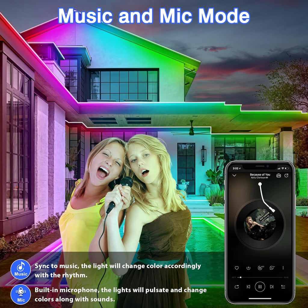 zoegi 200ft Outdoor LED Strip Lights Waterproof,Music Sync RGB IP68 Outside Led Light Strips Waterproof with App and Remote,Exterior Led Rope Lights for Deck,Balcony,Roof,Garden,Pool