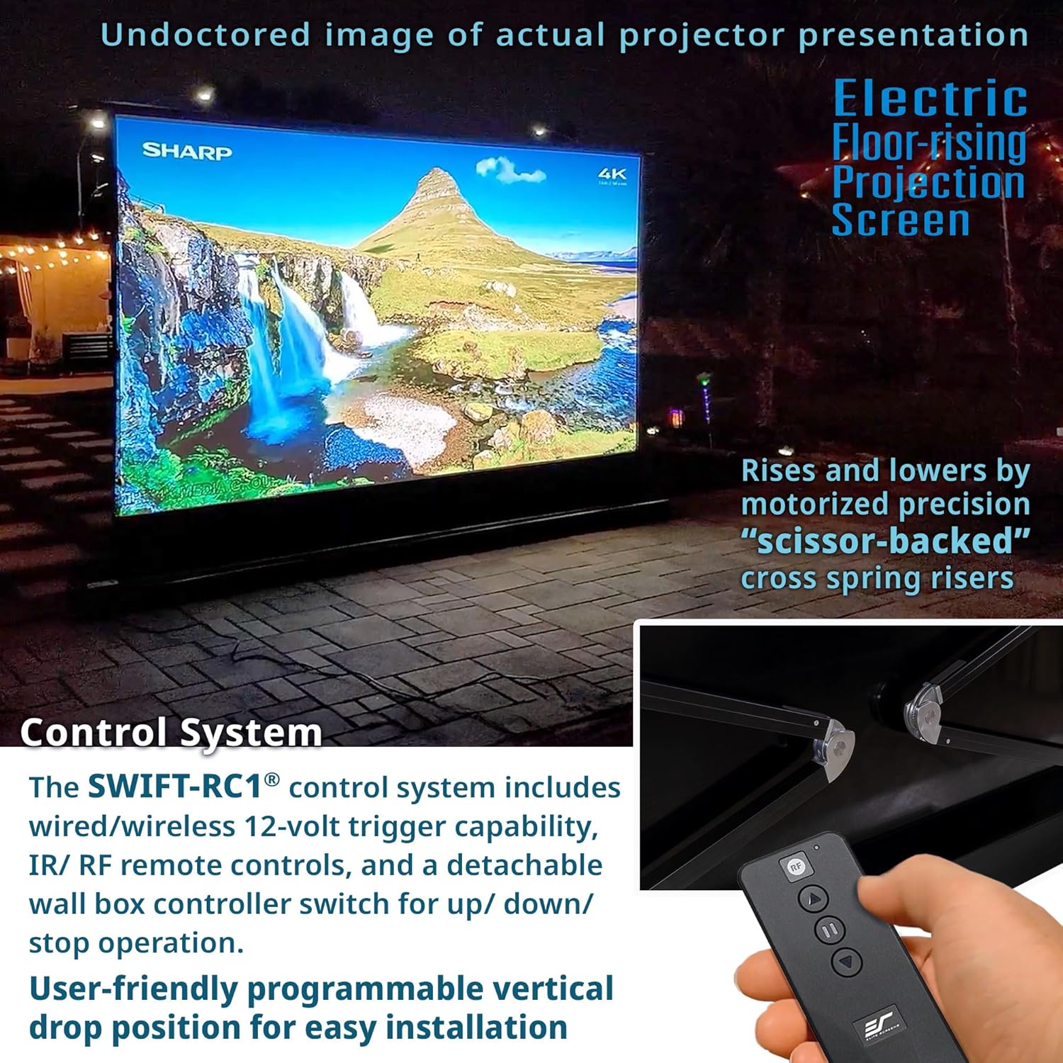 Elite Screens Kestrel Tab-Tension 3 CineWhite, 150 inch 16:9 Aspect Ratio, ISF Certified, Electric Floor-Rising Motorized Tab-Tensioned Front Projector Screen, Programmed Remote Kit, FTE150H3