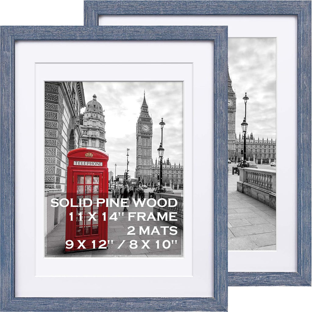 Tiblue 11x14 Picture Frame, Distressed Rustic Blue Solid Wood, 2 Packs with 4 Mats, 8.5”x10.5”/7.5”x9.5” Opening, HD Plexiglass, Wall Mount & Tabletop, Unisex Adult