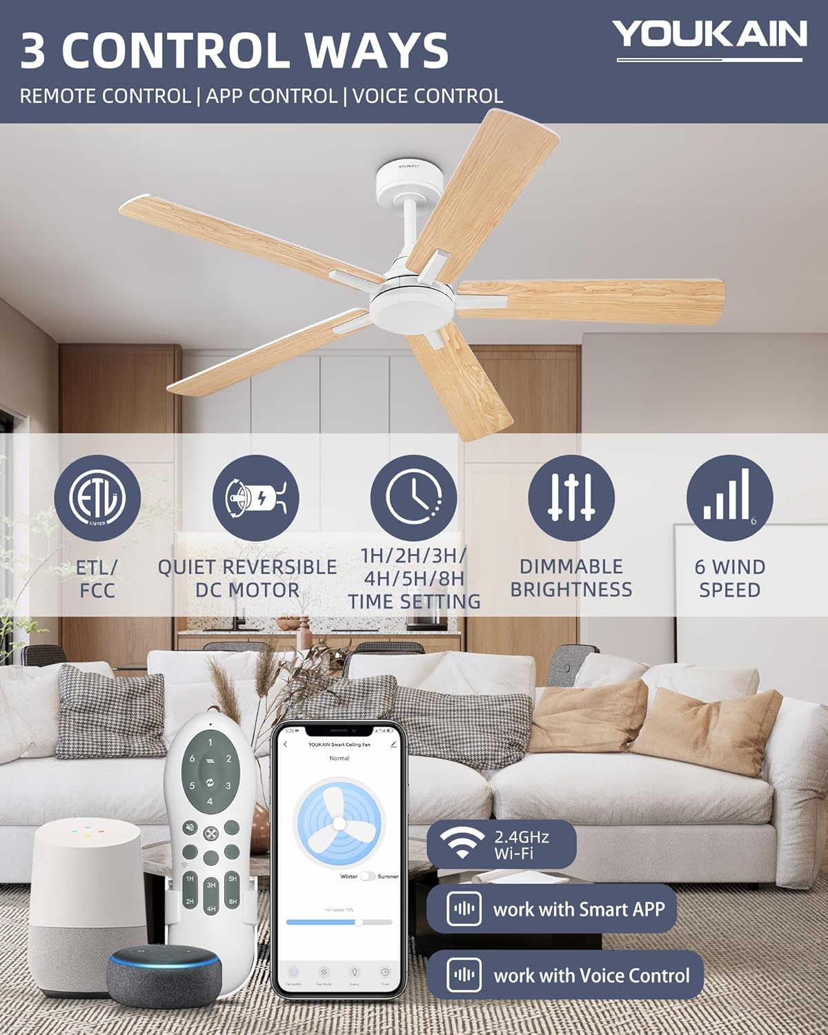 YOUKAIN Ceiling Fan No Light, 52 Inch White Ceiling Fans, Smart Ceiling Fans with Remote & APP Control, Reversible Blades, Cover Outdoor Ceiling Fan for Living room, Bedroom, 52-YJ812-WH-NL