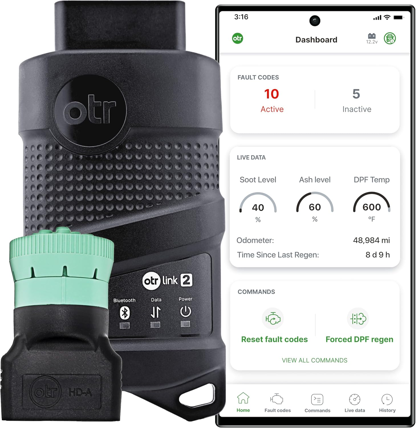 OTR Diagnostics HD Scan Tool (Updated 2025 Adapter): Forced Regen, Read & Reset Fault/P-Codes, Live Data, Bi-Directional Commands, Fault History. iOS/Android, 1-Year Subscription, Premium Support.