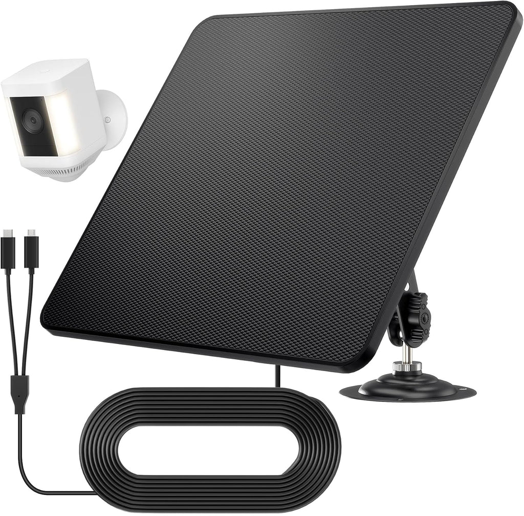 KJK 6W Solar Panels for Security Camera, Solar Battery Charger with Micro USB & USB-C Port for DC 5V Outdoor Rechargeable for Ring Camera, IP66 Waterproof, 360° Adjustable Security Mount