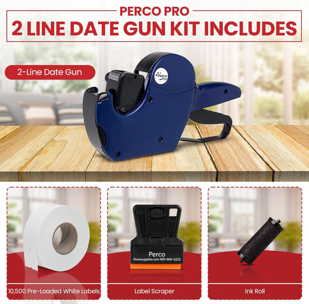 Perco Pro 2 Line Date Gun Labeler Kit, Includes 16 Digits Label Gun, 10,500 White Labels, Inker Remover Tool, and Pre-Loaded Ink Roll