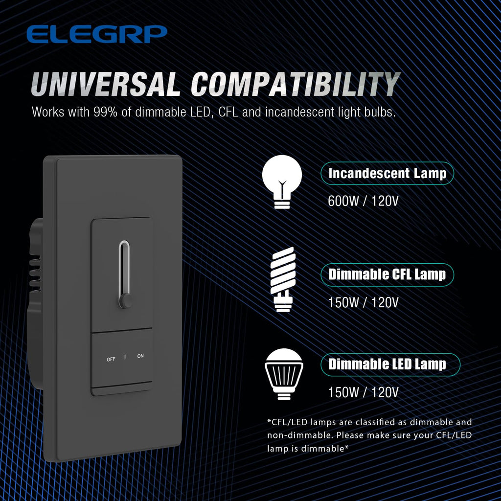 ELEGRP Slide Dimmer Switch for Dimmable LED, CFL and Incandescent Light Lamp Bulbs, Single Pole or 3-Way, Full Control with Preset, Rocker Paddle, Wall Plate Included, UL Listed (2 Pack, Matte Black)