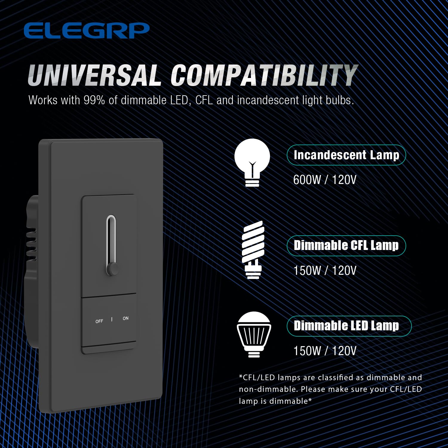 ELEGRP Slide Dimmer Switch for Dimmable LED, CFL and Incandescent Light Lamp Bulbs, Single Pole or 3-Way, Full Control with Preset, Rocker Paddle, Wall Plate Included, UL Listed (6 Pack, Matte Black)