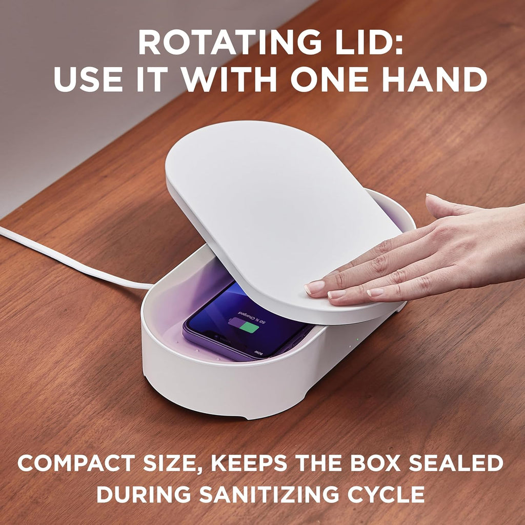 Lexon UV Phone Sanitizer Machine & Wireless Charger - OBLIO Box QI Fast Charging and 360° UV-C Light Cellphone Cleaner, Glasses, Keys, Makeup Brush, Tools, All That Fits in - Black