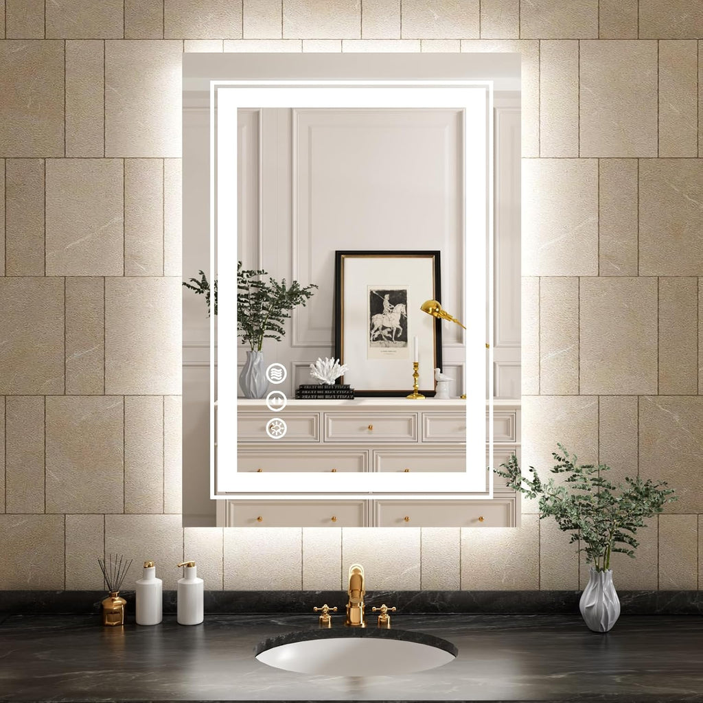 WTTY LED Bathroom Mirror 20"x 28" with Backlit and Front Light,Dimmable LED Mirror for Bathroom,Anti-Fog Lighted Bathroom Vanity Mirror Modern for Wall,Memory Function,Shatter-Proof