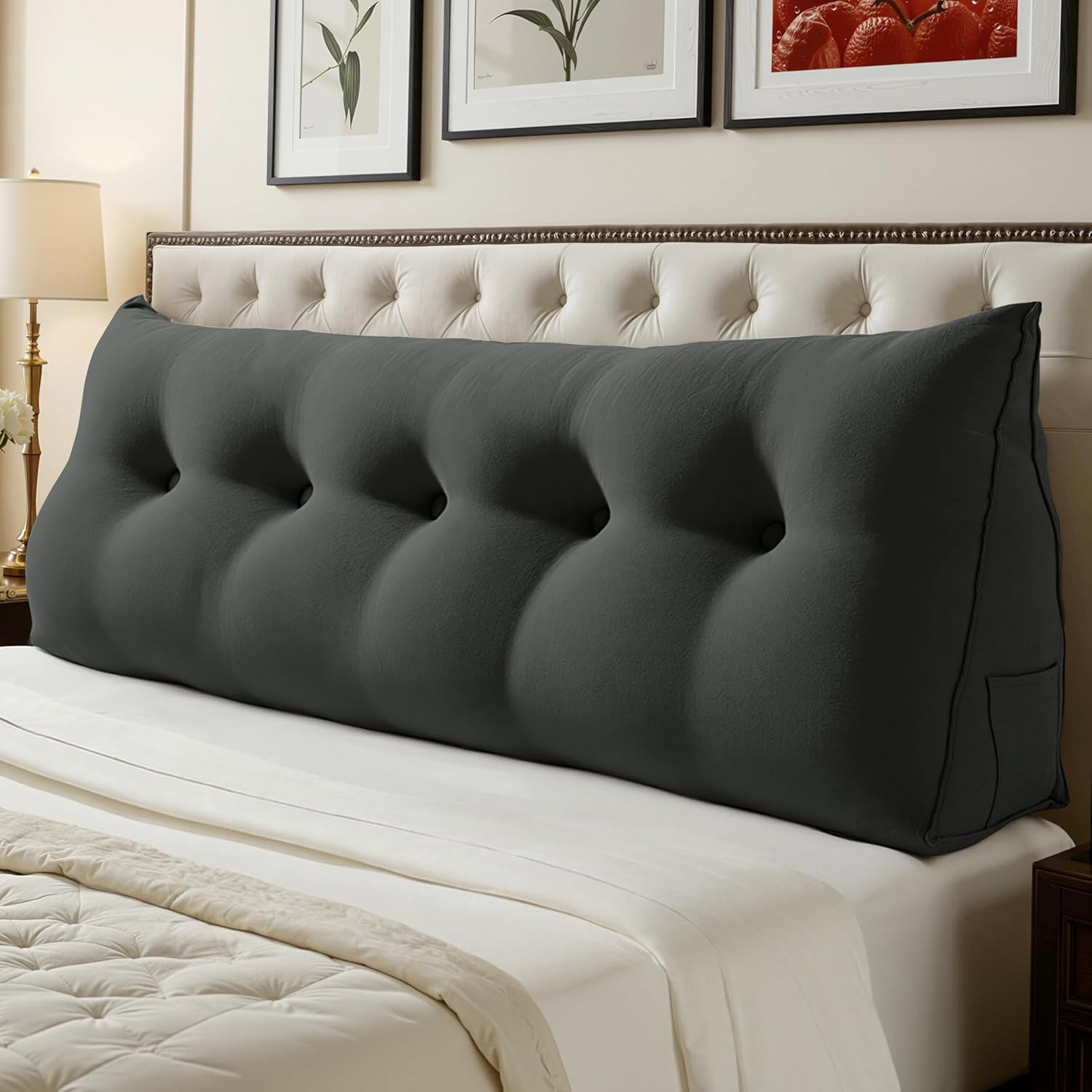 WOWMAX 85% Linen 15% Cotton Blend Headboard Pillow – Queen Size Reading Wedge Backrest for Bed, Handmade Firm Support Bolster Cushion with Removable Cover, Premium Bed Rest Pillow, Black