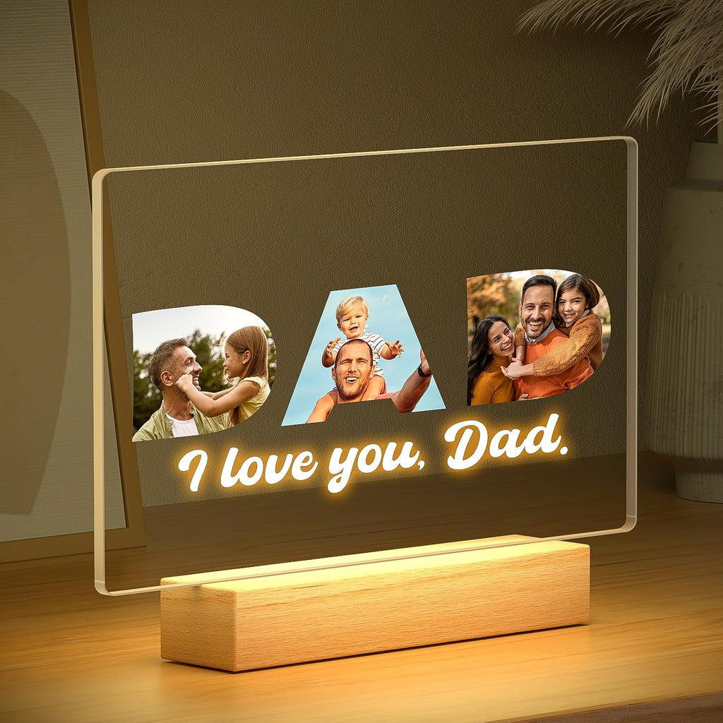 Custom Picture Frames with Photo, Custom Photo Frame with Night Light, Personalized Picture Frame, Personalized Valentines Day Gifts for Dad from Daughter & Son