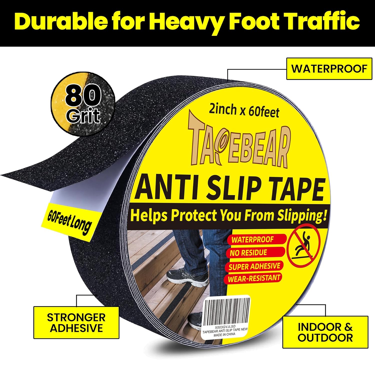 TAPEBEAR Black Safety Grip Tape 2inch x 60feet, Warning Anti-Slip Tape Strong Adhesive Waterproof for Indoor Outdoor Steps Stairs, Compatible with Plastic, Wood, Ceramic, Glass, Metal, 2Rolls
