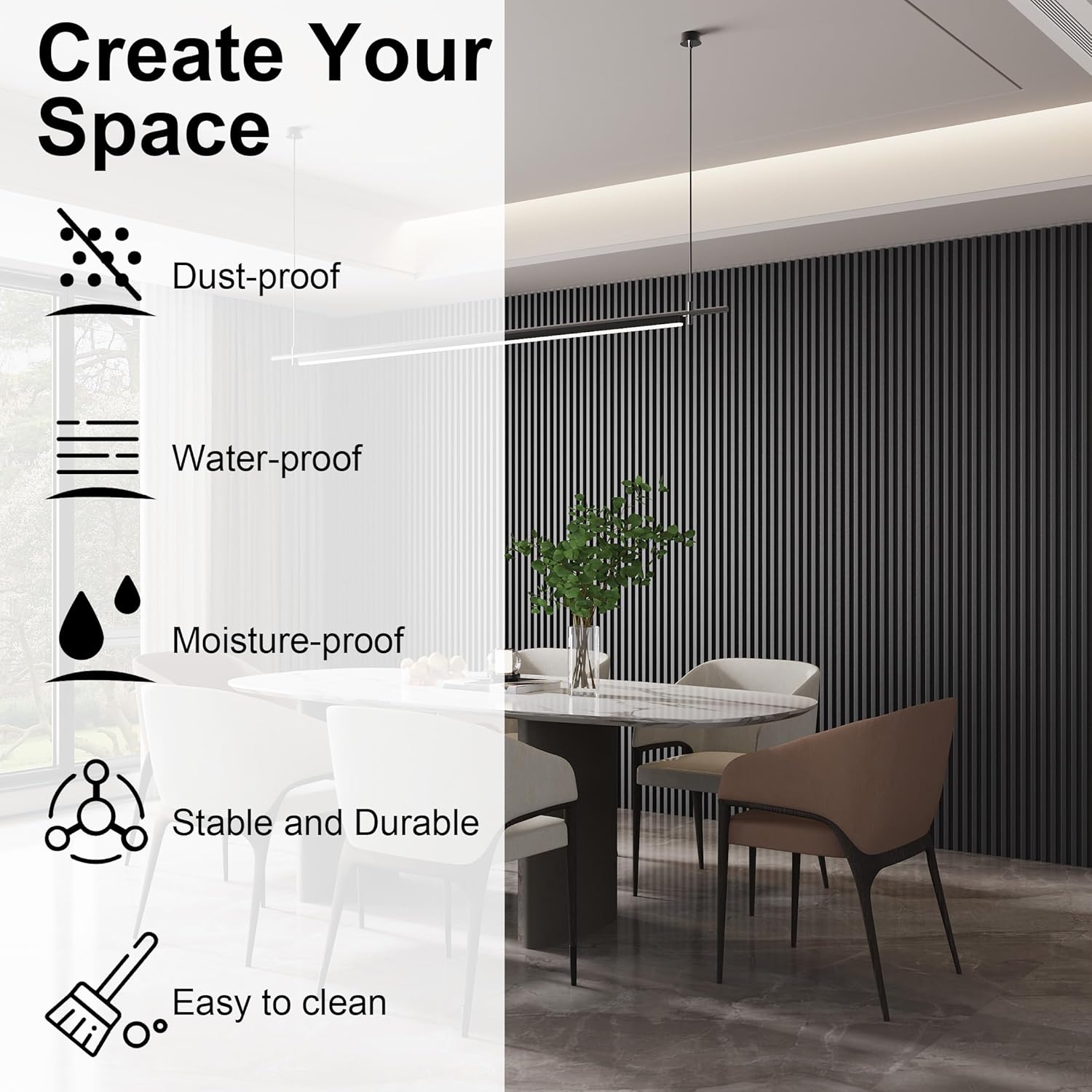 8-Pack WPC Slat Wall Panels - 3D Wall Panels, Water-Proof and Easy Installation, Accent Slat Wall Paneling for Living Room, Office,Black, 96 x 6.6 Inch