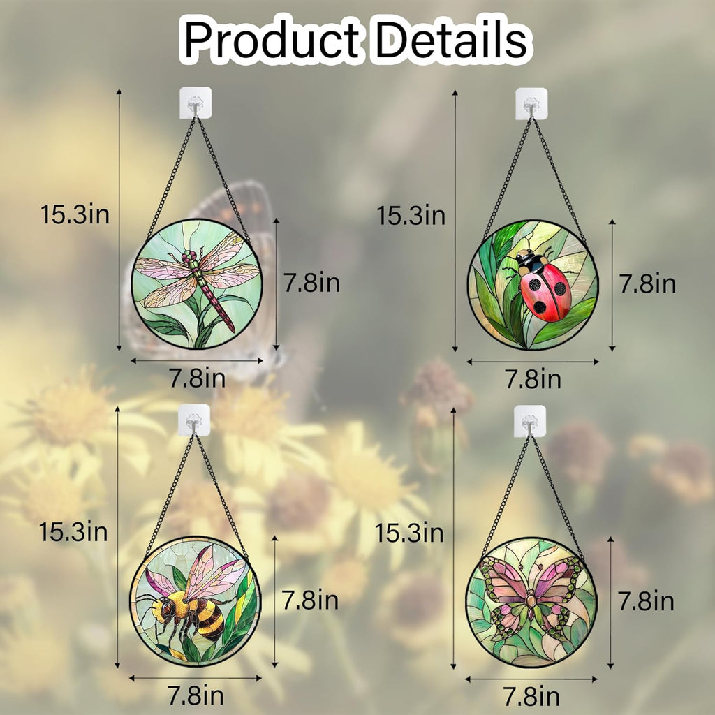 Stained Glass Window Hanging 4 Pcs Set Pink Green Insect Theme 7.8" - Butterfly Suncatcher Door Garden Sun Catcher Decor Birthday Christmas for Mom Woman Nana Men