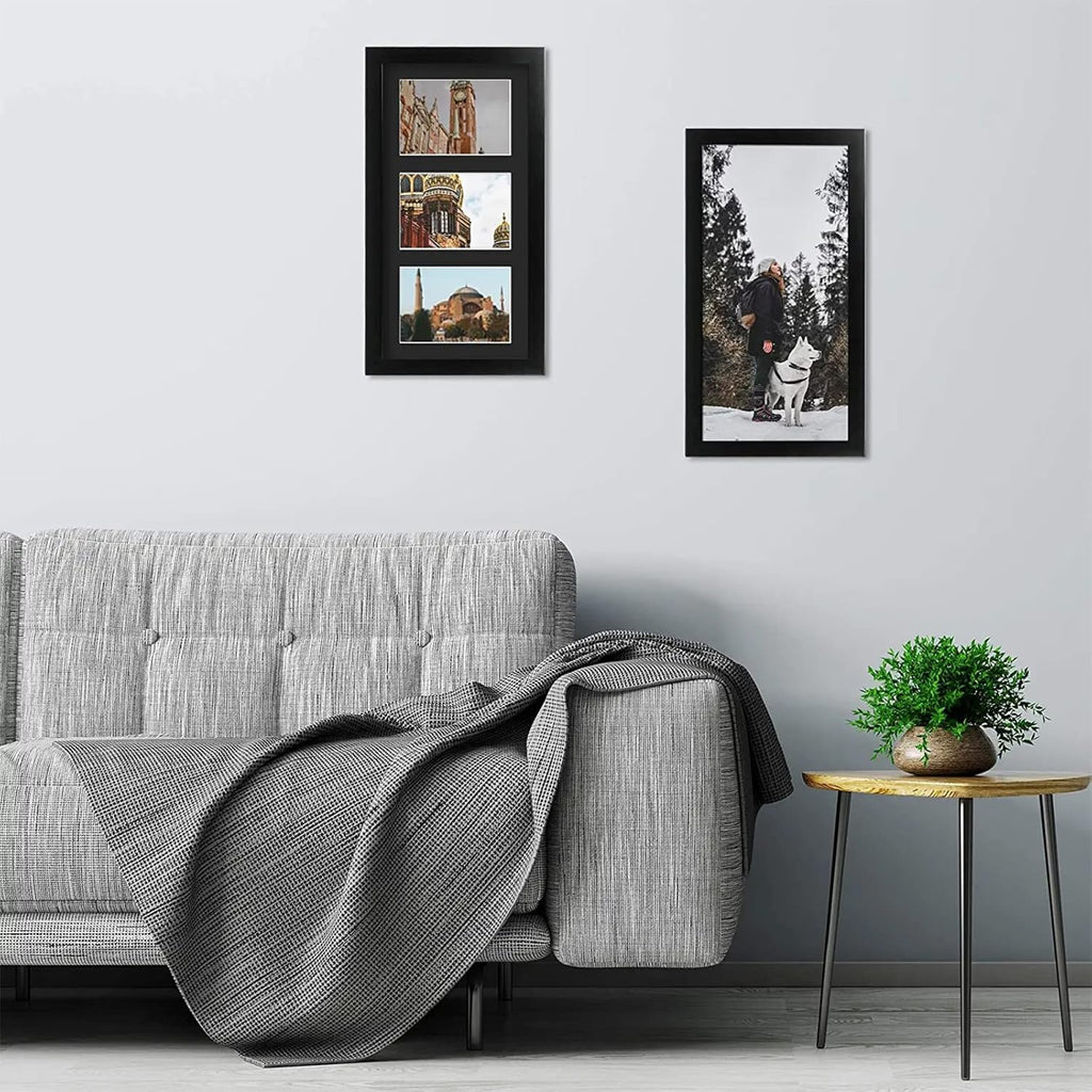Golden State Art, Set of 3, 9x18 Black Wood Frame - Black Mat for Three 5x7 Pictures - Sawtooth Hangers- Swivel Tabs - Wall Mounting - Landscape/Portrait - Real Glass - Collage Frame