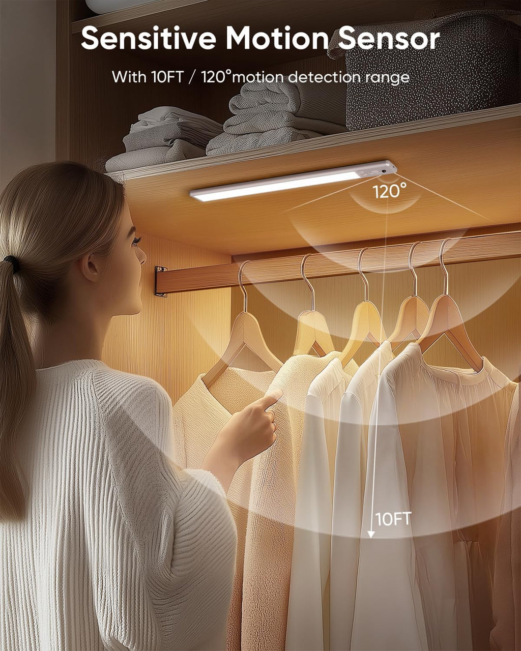 Under Cabinet Lighting Wireless, 2200mAh Rechargeable Battery Operated Motion Sensor Light Indoor, 3 Color Temps Under Counter Light, Dimmable Wireless Closet Lights w/Remote for Kitchen,Pantry,4 Pack