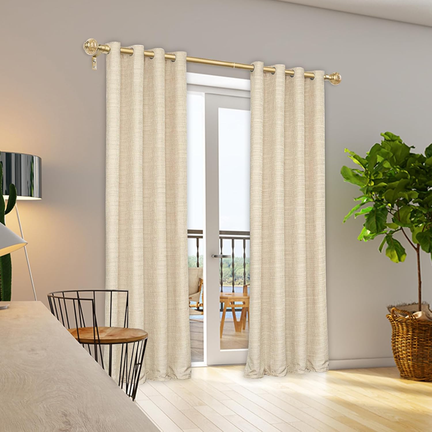1 Inch Gold Curtain Rods for Windows 140 to 195 Inches (6 to 12 ft), USFOOK Telescoping Single Drapery Rod, Decorative Curtain Rod with Luxury Translucent Finials