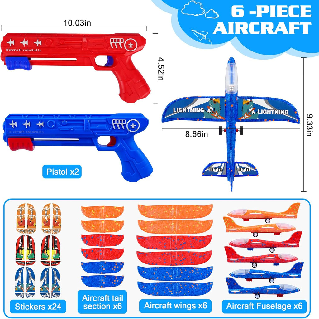 6 Pack Airplane Launcher Toys, 2 Flight Modes LED Foam Glider Catapult Plane, Outdoor Flying Toy for Kids, Birthday Gifts for Boy Girl 4 5 6 7 8 9 10 11 12 Year Old, B-Day Party Supplies